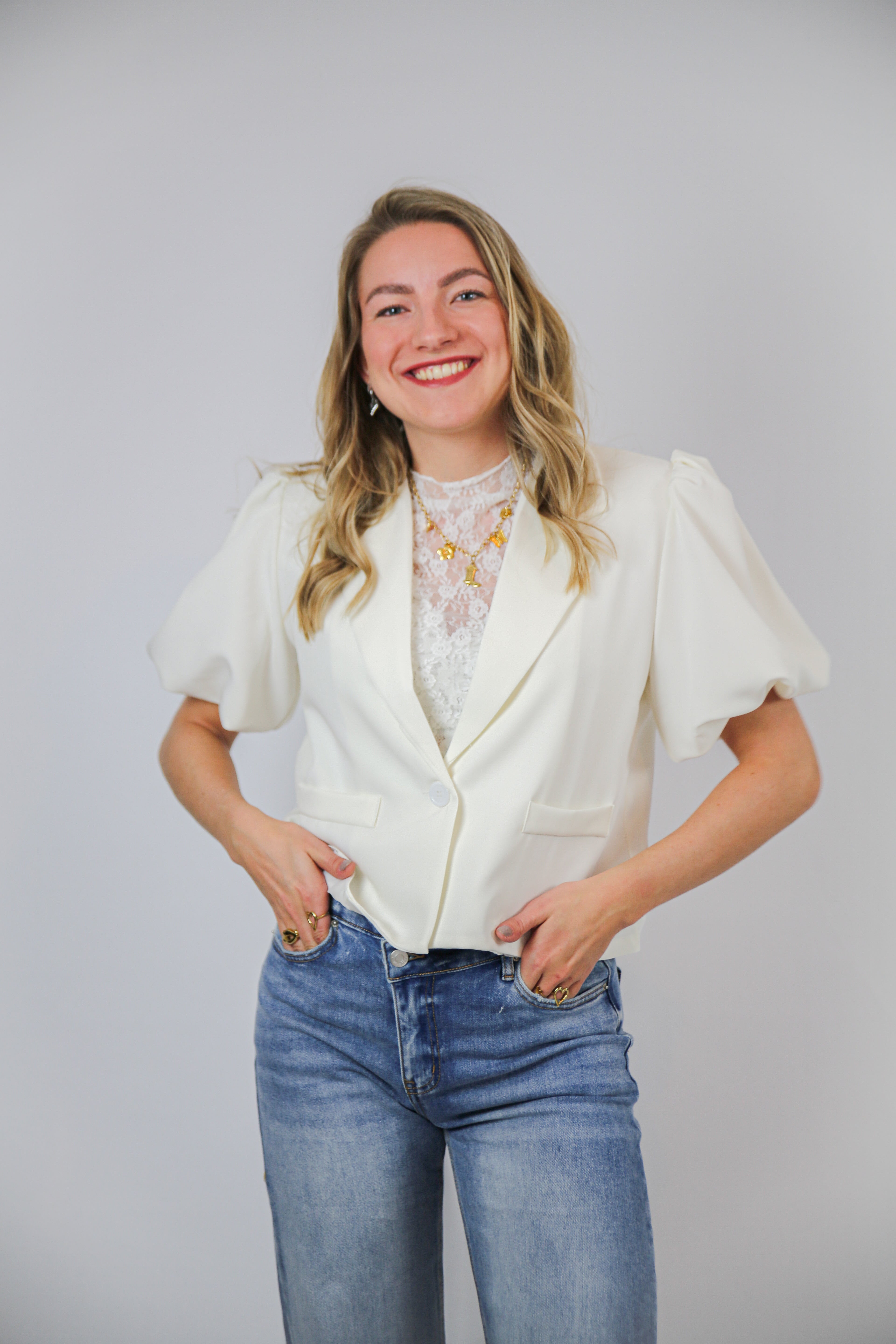 Puff crop blazer wit